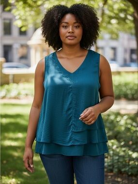 Rena Rowan Teal Layered Sleeveless V-Neck Blouse Top XL